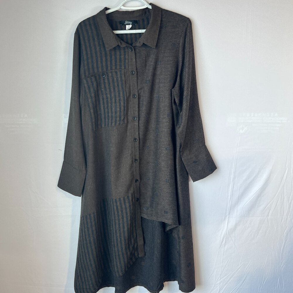 Artsy Patchwork Stripe Button-Up – Edgy Textured Statement Piece (Ever Sassy, L)